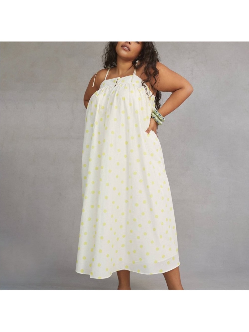 WHIT Two Cream anthropologie Midi Dress with Yellow Polka Dots size LP